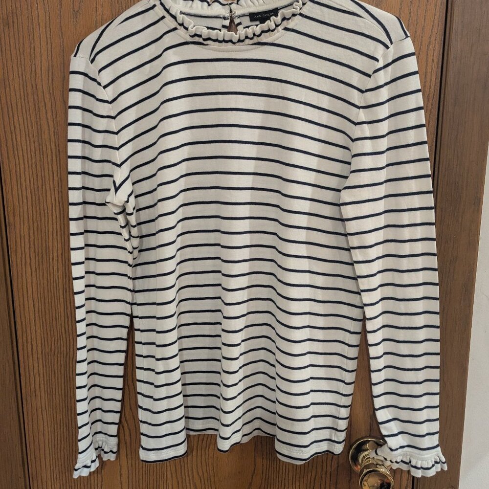Ann Taylor Ruffle Collar and Cuff Long Sleeve Striped Top -large